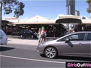 girl/girl fledgling emo femmes misbehave in public
